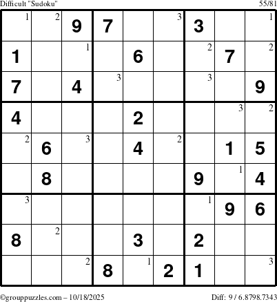 The grouppuzzles.com Difficult Sudoku puzzle for Saturday October 18, 2025 with the first 3 steps marked