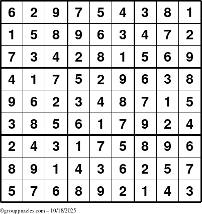 The grouppuzzles.com Answer grid for the Sudoku puzzle for Saturday October 18, 2025