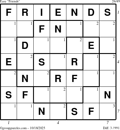 The grouppuzzles.com Easy Friends puzzle for Saturday October 18, 2025 with all 3 steps marked