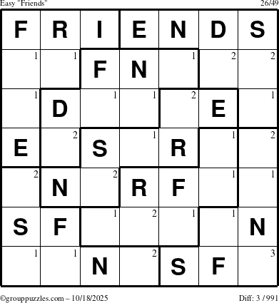The grouppuzzles.com Easy Friends puzzle for Saturday October 18, 2025 with the first 3 steps marked