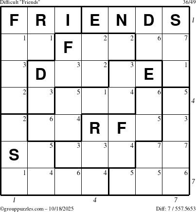 The grouppuzzles.com Difficult Friends puzzle for Saturday October 18, 2025 with all 7 steps marked