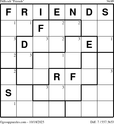 The grouppuzzles.com Difficult Friends puzzle for Saturday October 18, 2025 with the first 3 steps marked