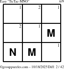 The grouppuzzles.com Easy TicTac-MNO puzzle for Saturday October 18, 2025 with the first 2 steps marked