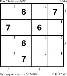 The grouppuzzles.com Easy Sudoku-4-5678 puzzle for Monday March 23, 2026, suitable for printing, with all 3 steps marked