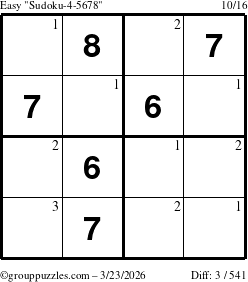 The grouppuzzles.com Easy Sudoku-4-5678 puzzle for Monday March 23, 2026 with the first 3 steps marked