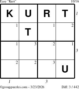 The grouppuzzles.com Easy Kurt puzzle for Monday March 23, 2026, suitable for printing, with all 3 steps marked