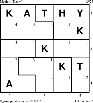 The grouppuzzles.com Medium Kathy puzzle for Monday March 23, 2026, suitable for printing, with all 4 steps marked