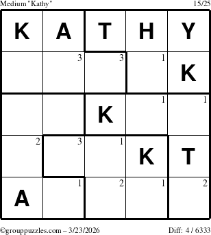 The grouppuzzles.com Medium Kathy puzzle for Monday March 23, 2026 with the first 3 steps marked