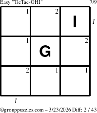 The grouppuzzles.com Easy TicTac-GHI puzzle for Monday March 23, 2026, suitable for printing, with all 2 steps marked