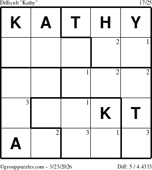 The grouppuzzles.com Difficult Kathy puzzle for Monday March 23, 2026 with the first 3 steps marked