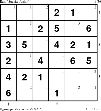 The grouppuzzles.com Easy Sudoku-Junior puzzle for Monday March 23, 2026, suitable for printing, with all 3 steps marked