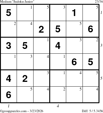 The grouppuzzles.com Medium Sudoku-Junior puzzle for Monday March 23, 2026 with all 5 steps marked