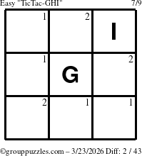 The grouppuzzles.com Easy TicTac-GHI puzzle for Monday March 23, 2026 with the first 2 steps marked
