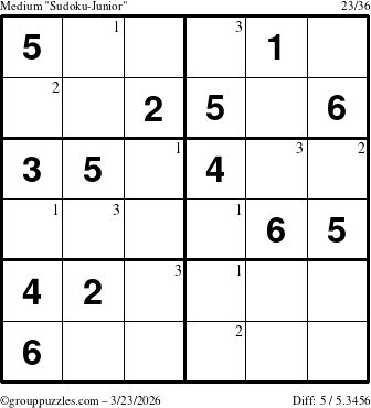 The grouppuzzles.com Medium Sudoku-Junior puzzle for Monday March 23, 2026 with the first 3 steps marked