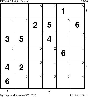 The grouppuzzles.com Difficult Sudoku-Junior puzzle for Monday March 23, 2026 with all 6 steps marked