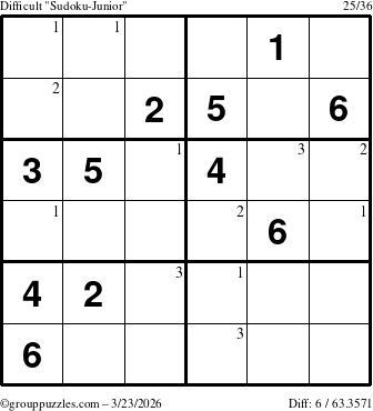 The grouppuzzles.com Difficult Sudoku-Junior puzzle for Monday March 23, 2026 with the first 3 steps marked