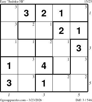 The grouppuzzles.com Easy Sudoku-5B puzzle for Monday March 23, 2026 with all 3 steps marked