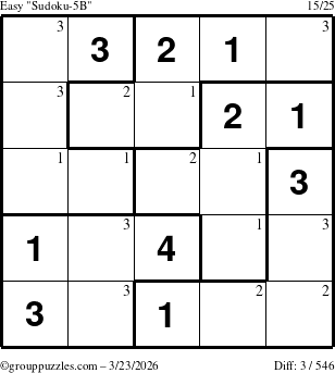 The grouppuzzles.com Easy Sudoku-5B puzzle for Monday March 23, 2026 with the first 3 steps marked