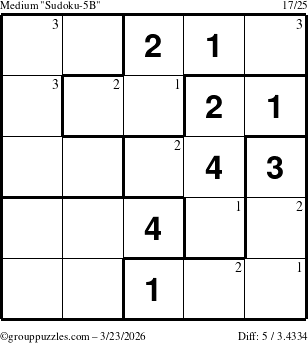 The grouppuzzles.com Medium Sudoku-5B puzzle for Monday March 23, 2026 with the first 3 steps marked