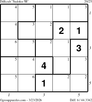 The grouppuzzles.com Difficult Sudoku-5B puzzle for Monday March 23, 2026, suitable for printing, with all 6 steps marked