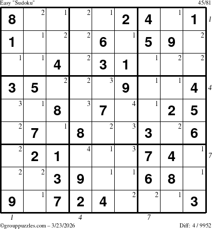 The grouppuzzles.com Easy Sudoku puzzle for Monday March 23, 2026, suitable for printing, with all 4 steps marked