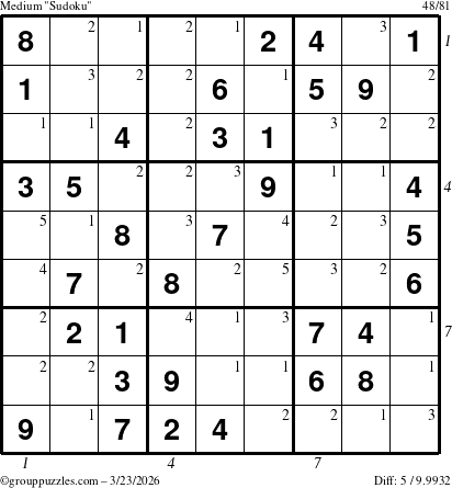 The grouppuzzles.com Medium Sudoku puzzle for Monday March 23, 2026 with all 5 steps marked