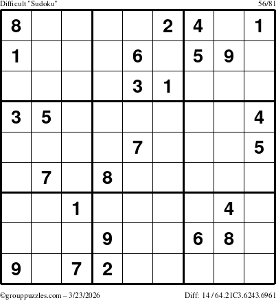 The grouppuzzles.com Difficult Sudoku puzzle for Monday March 23, 2026