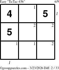 The grouppuzzles.com Easy TicTac-456 puzzle for Monday March 23, 2026 with all 2 steps marked