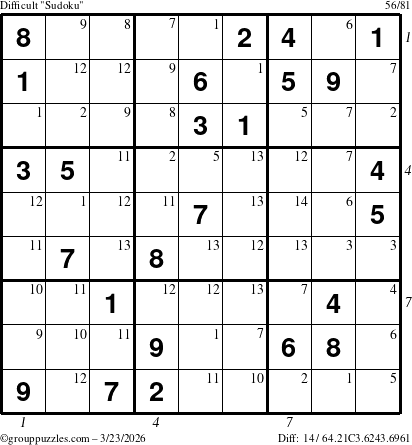 The grouppuzzles.com Difficult Sudoku puzzle for Monday March 23, 2026, suitable for printing, with all 14 steps marked