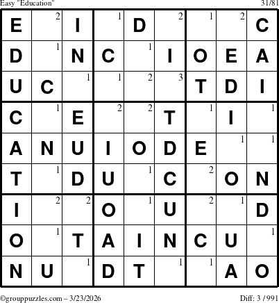 The grouppuzzles.com Easy Education-c1 puzzle for Monday March 23, 2026 with the first 3 steps marked