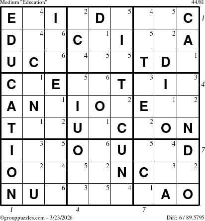 The grouppuzzles.com Medium Education-c1 puzzle for Monday March 23, 2026, suitable for printing, with all 6 steps marked