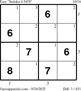 The grouppuzzles.com Easy Sudoku-4-5678 puzzle for Friday September 26, 2025 with all 3 steps marked