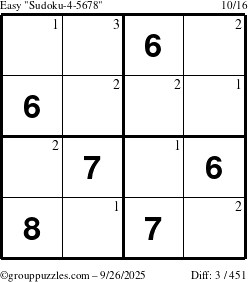 The grouppuzzles.com Easy Sudoku-4-5678 puzzle for Friday September 26, 2025 with the first 3 steps marked