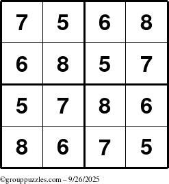 The grouppuzzles.com Answer grid for the Sudoku-4-5678 puzzle for Friday September 26, 2025
