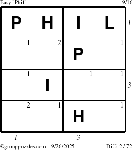 The grouppuzzles.com Easy Phil puzzle for Friday September 26, 2025 with all 2 steps marked