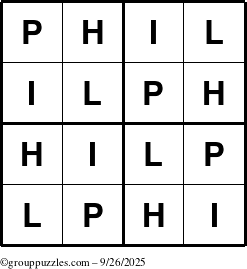 The grouppuzzles.com Answer grid for the Phil puzzle for Friday September 26, 2025