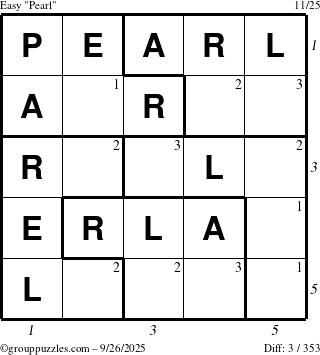 The grouppuzzles.com Easy Pearl puzzle for Friday September 26, 2025 with all 3 steps marked