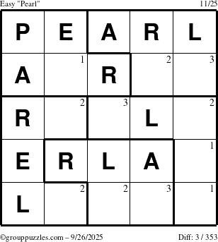 The grouppuzzles.com Easy Pearl puzzle for Friday September 26, 2025 with the first 3 steps marked
