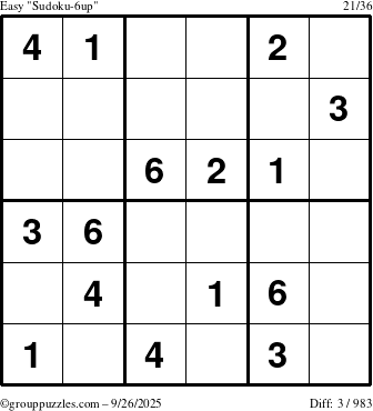 The grouppuzzles.com Easy Sudoku-6up puzzle for Friday September 26, 2025