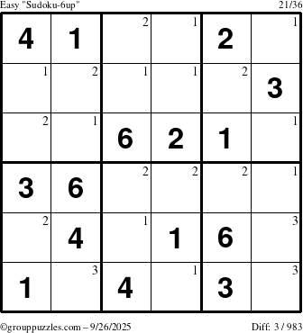 The grouppuzzles.com Easy Sudoku-6up puzzle for Friday September 26, 2025 with the first 3 steps marked
