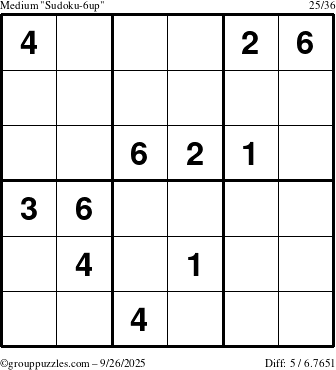 The grouppuzzles.com Medium Sudoku-6up puzzle for Friday September 26, 2025