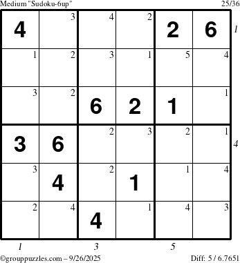 The grouppuzzles.com Medium Sudoku-6up puzzle for Friday September 26, 2025 with all 5 steps marked