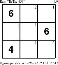 The grouppuzzles.com Easy TicTac-456 puzzle for Friday September 26, 2025 with the first 2 steps marked