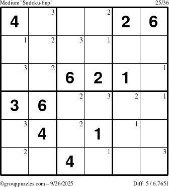 The grouppuzzles.com Medium Sudoku-6up puzzle for Friday September 26, 2025 with the first 3 steps marked