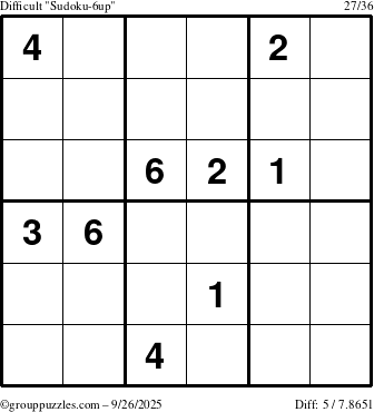 The grouppuzzles.com Difficult Sudoku-6up puzzle for Friday September 26, 2025