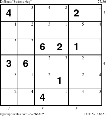 The grouppuzzles.com Difficult Sudoku-6up puzzle for Friday September 26, 2025 with all 5 steps marked