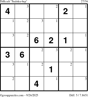 The grouppuzzles.com Difficult Sudoku-6up puzzle for Friday September 26, 2025 with the first 3 steps marked