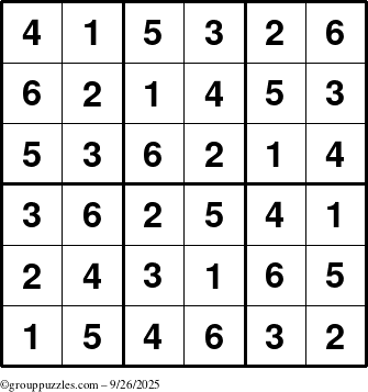 The grouppuzzles.com Answer grid for the Sudoku-6up puzzle for Friday September 26, 2025