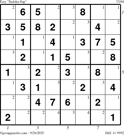 The grouppuzzles.com Easy Sudoku-8up puzzle for Friday September 26, 2025 with all 4 steps marked