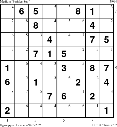 The grouppuzzles.com Medium Sudoku-8up puzzle for Friday September 26, 2025 with all 8 steps marked
